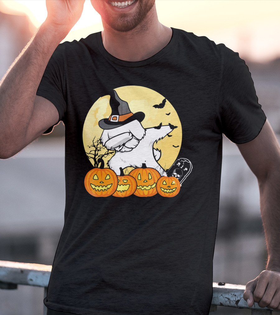 Funny Halloween Maltese Dog With Pumpkins And Witch Hat T-Shirt