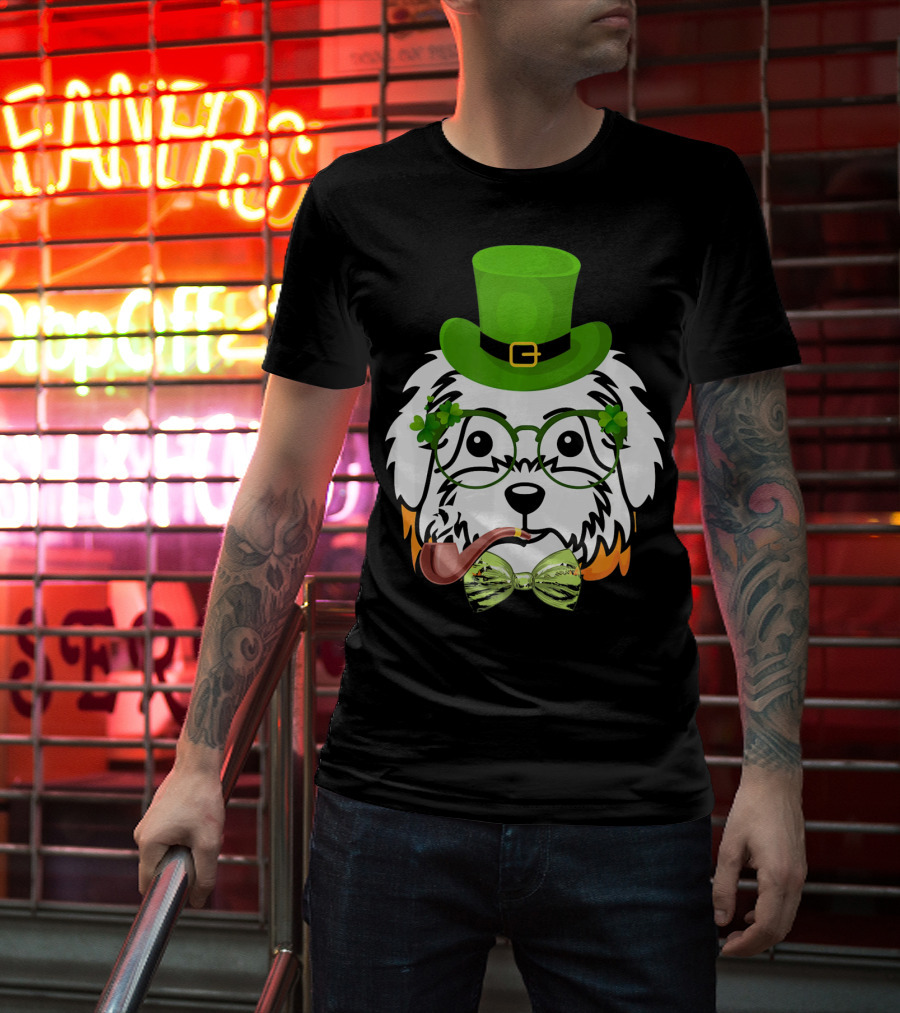 Maltese Dog In Leprechaun Hat With Pipe And Shamrocks For St Patrick's Day T-Shirt