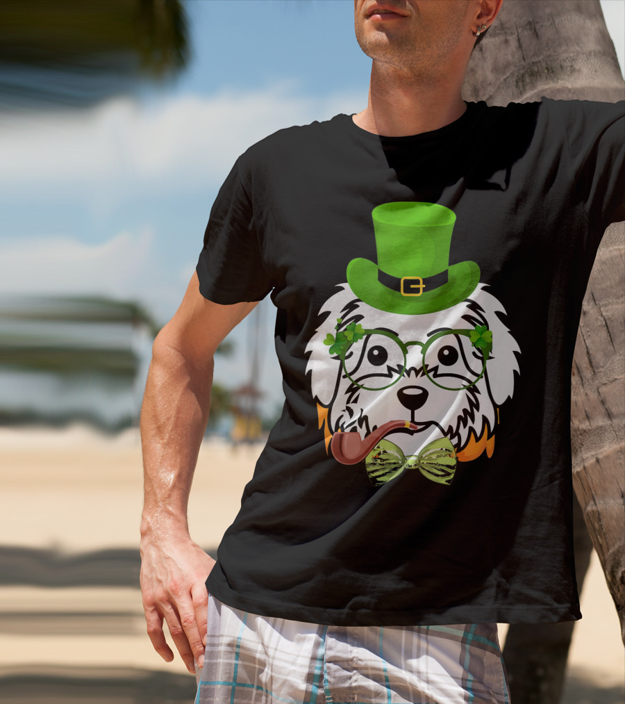 Maltese Dog In Leprechaun Hat With Pipe And Shamrocks For St Patrick's Day T-Shirt