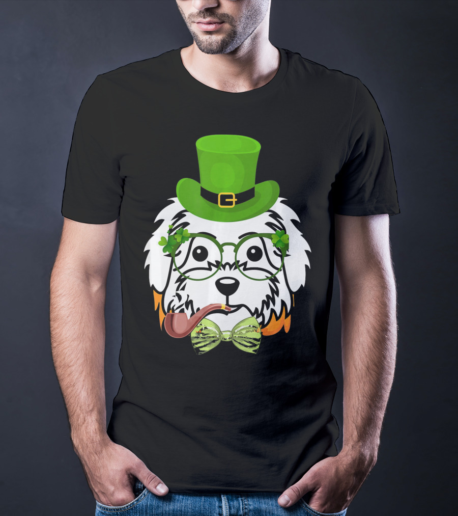 Maltese Dog In Leprechaun Hat With Pipe And Shamrocks For St Patrick's Day T-Shirt