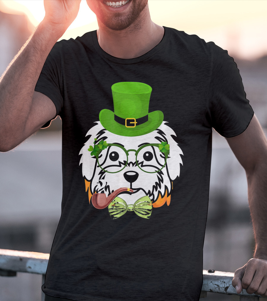 Maltese Dog In Leprechaun Hat With Pipe And Shamrocks For St Patrick's Day T-Shirt