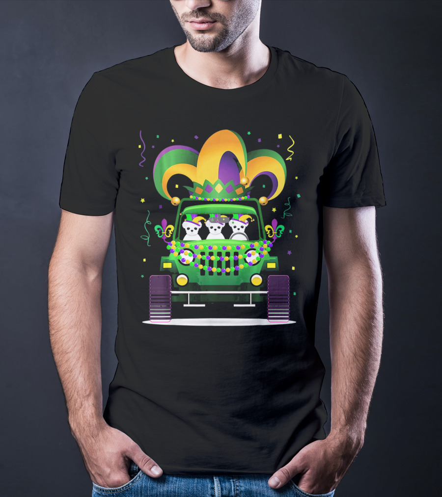 Mardi Gras Maltese Dogs Riding Jeep With Colorful Hat And Beads T-Shirt