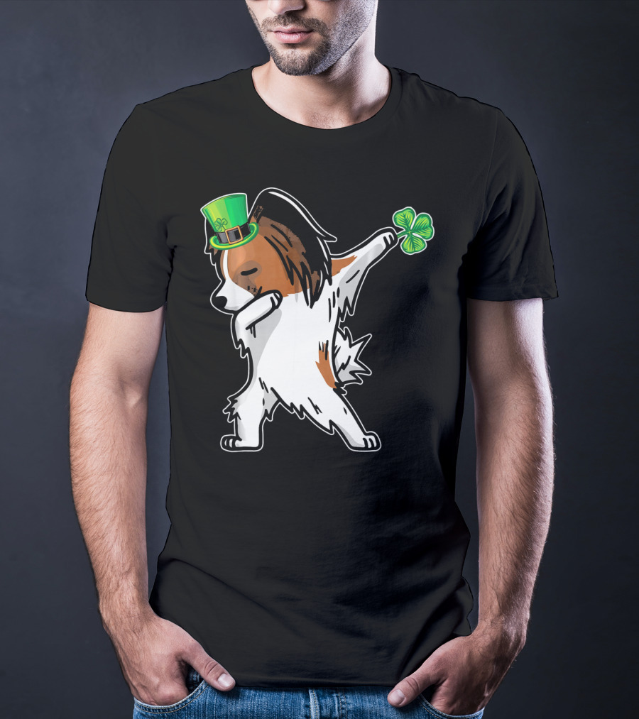 Papillon Dab Dabbing Dance With Shamrock And Leprechaun Hat T-Shirt
