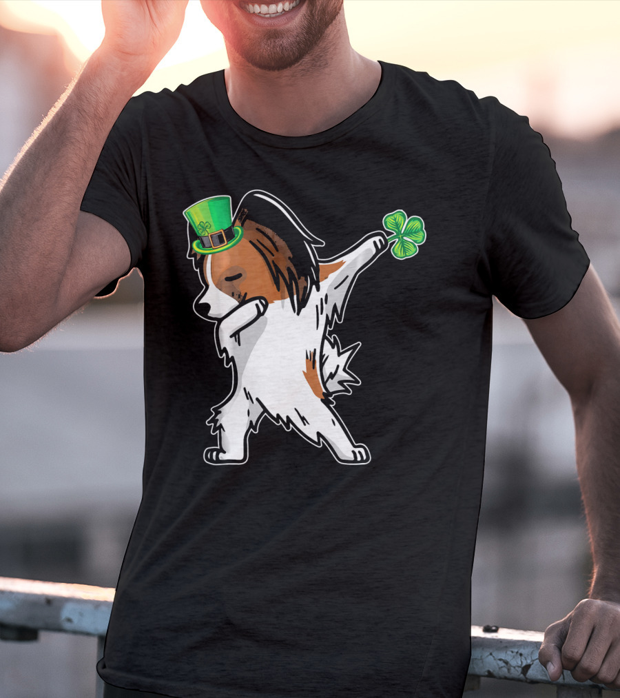 Papillon Dab Dabbing Dance With Shamrock And Leprechaun Hat T-Shirt