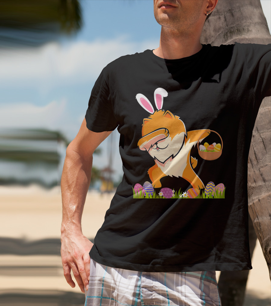 Funny Pomeranian Dabbing Easter Bunny With Eggs And Basket T-Shirt