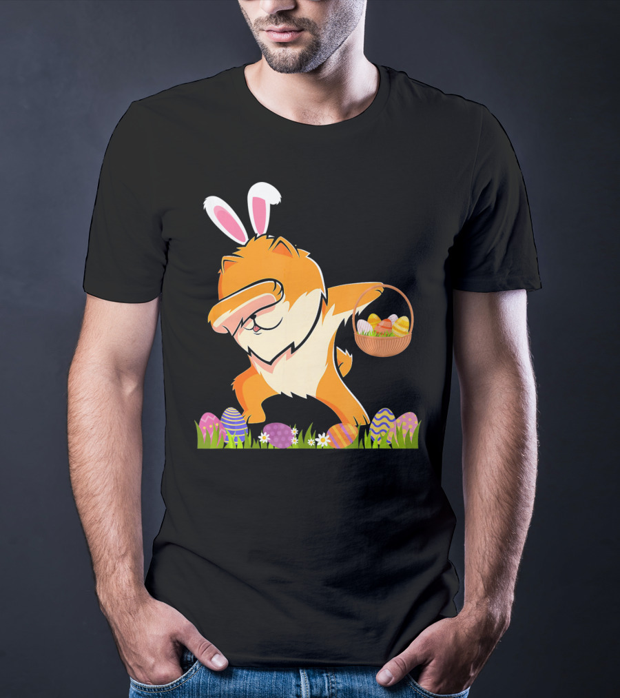 Funny Pomeranian Dabbing Easter Bunny With Eggs And Basket T-Shirt