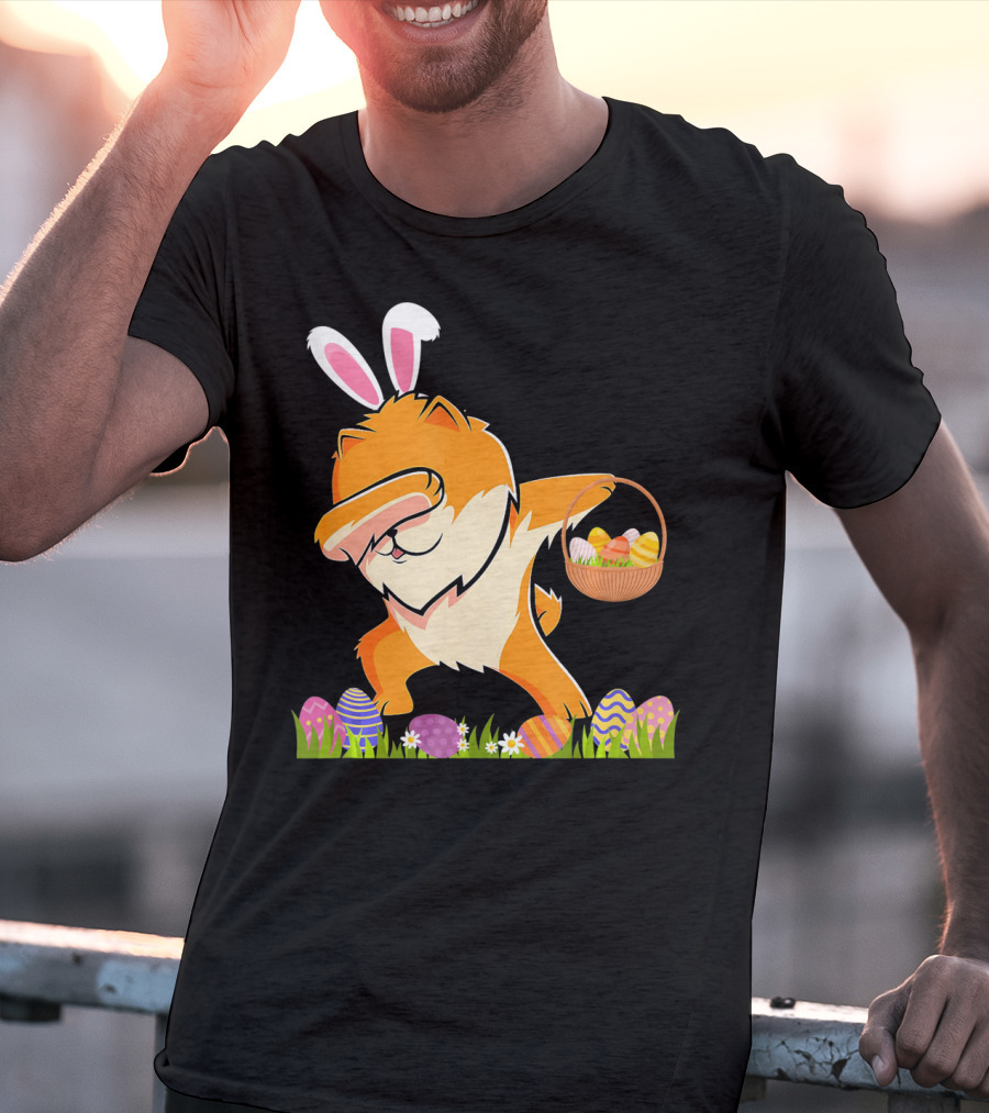 Funny Pomeranian Dabbing Easter Bunny With Eggs And Basket T-Shirt