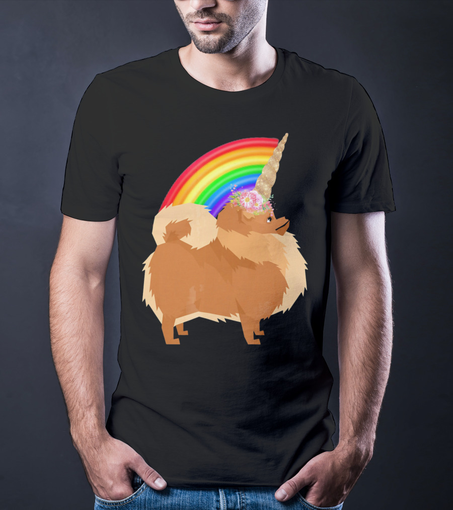 Pomeranian Rainbow Unicorn Dog With Floral Horn And Doodle Elements T-Shirt