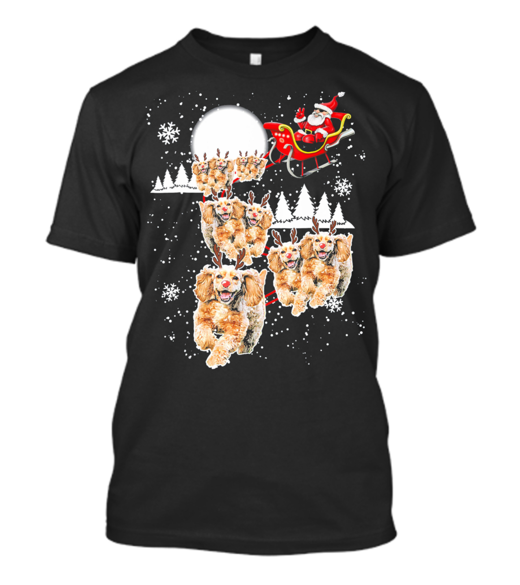 Santa Cocker Spaniel Reindeer Moon Sled Snowflakes T-Shirt
