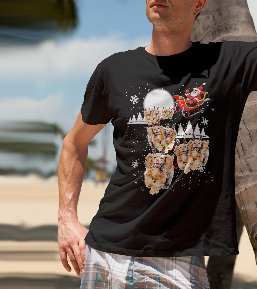 Santa Cocker Spaniel Reindeer Moon Sled Snowflakes T-Shirt
