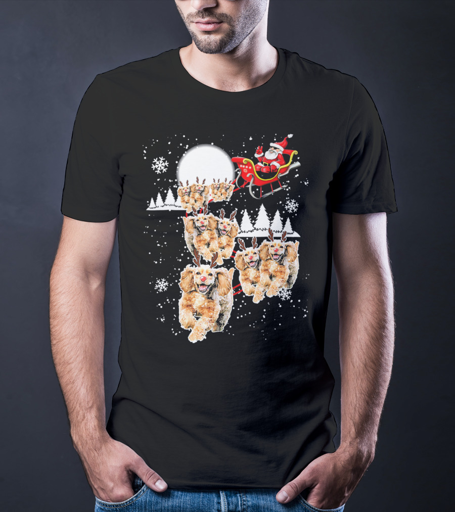 Santa Cocker Spaniel Reindeer Moon Sled Snowflakes T-Shirt