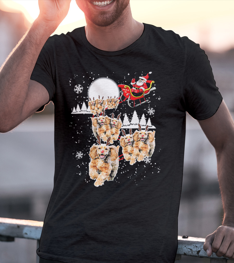 Santa Cocker Spaniel Reindeer Moon Sled Snowflakes T-Shirt