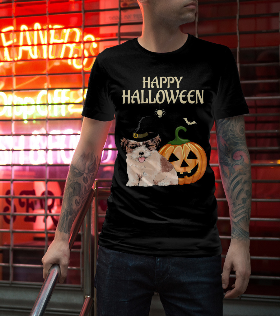 Happy Halloween Shih Tzu With Pumpkin And Witch Hat T-Shirt