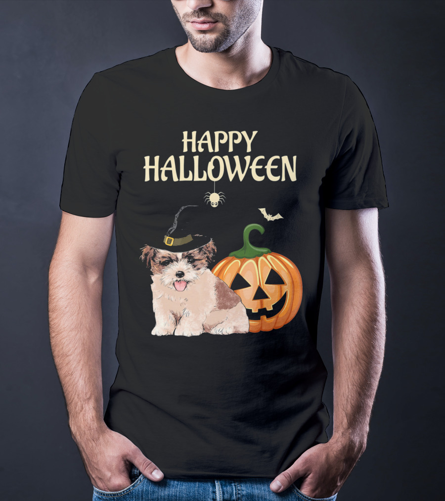 Happy Halloween Shih Tzu With Pumpkin And Witch Hat T-Shirt