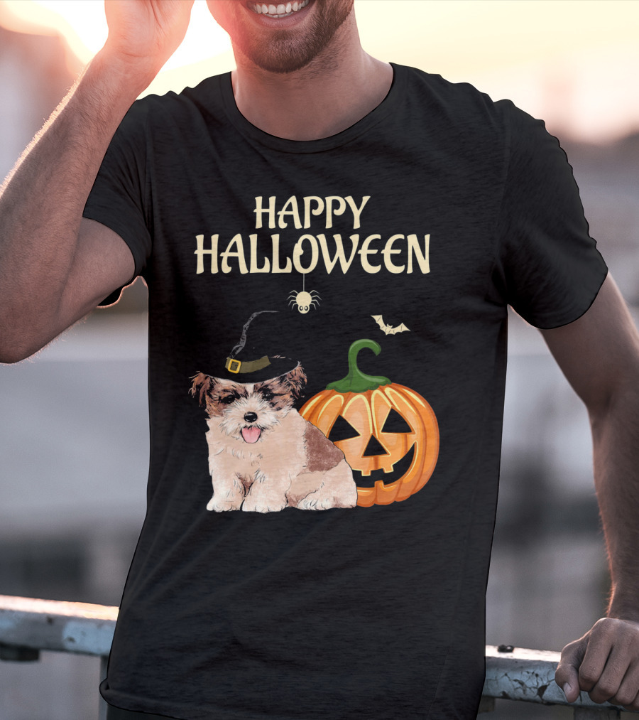 Happy Halloween Shih Tzu With Pumpkin And Witch Hat T-Shirt