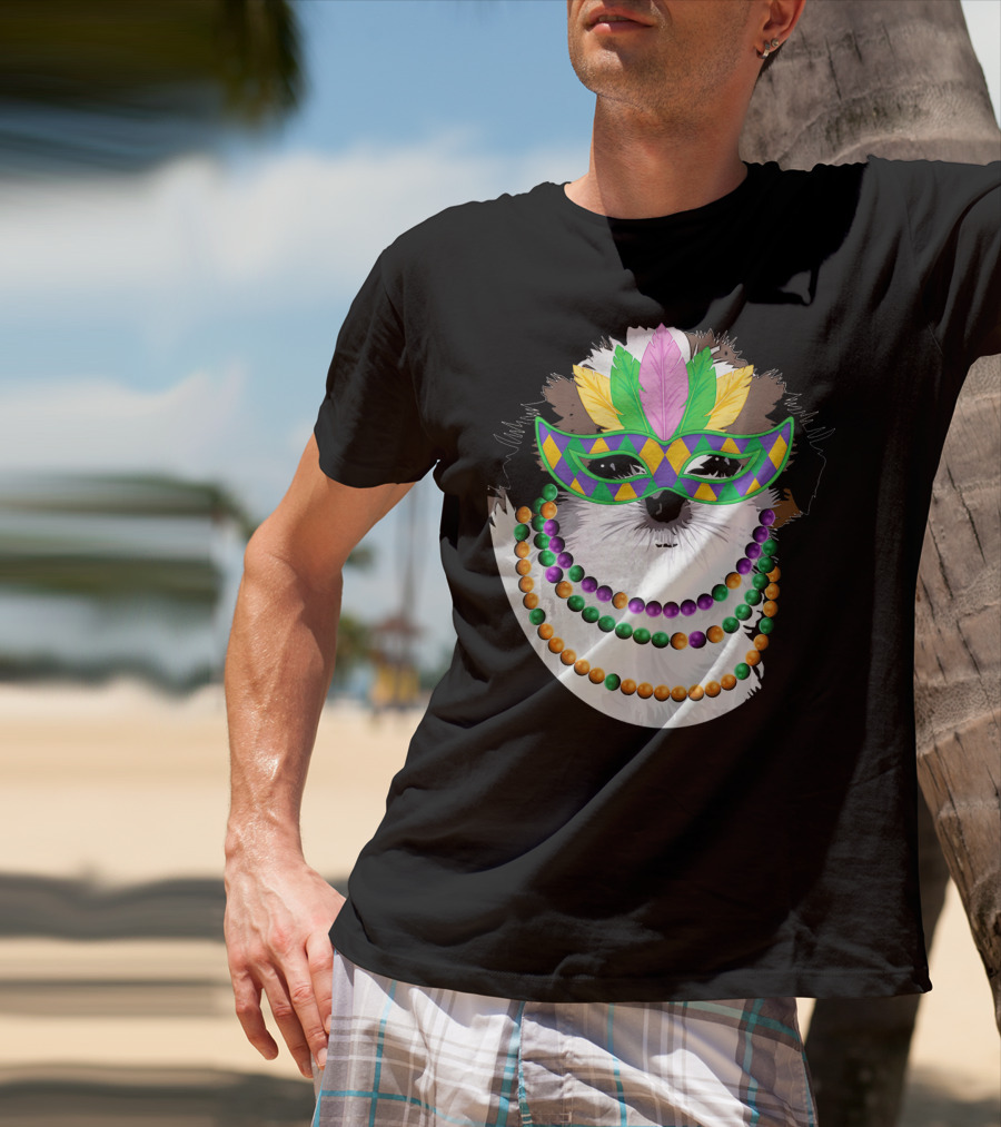 Funny Shih Tzu Mardi Gras Beads Necklace Mask With Colorful Feathered Mask T-Shirt