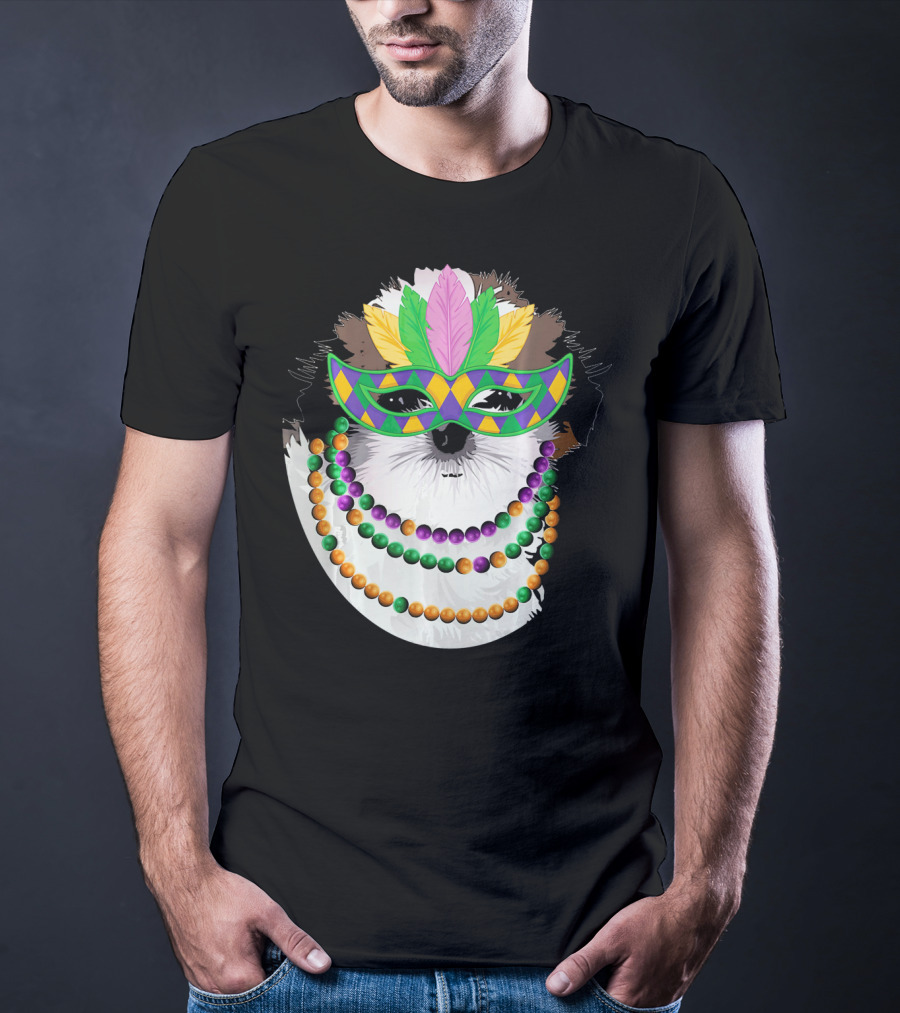 Funny Shih Tzu Mardi Gras Beads Necklace Mask With Colorful Feathered Mask T-Shirt