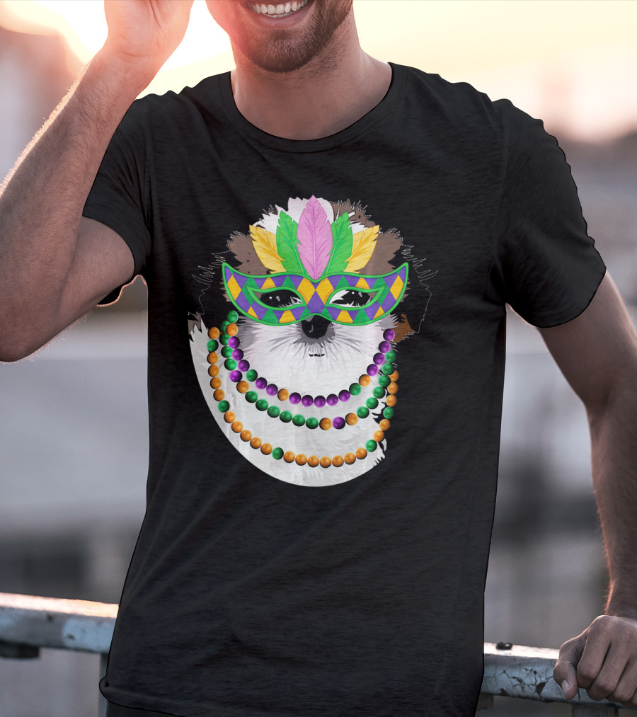 Funny Shih Tzu Mardi Gras Beads Necklace Mask With Colorful Feathered Mask T-Shirt