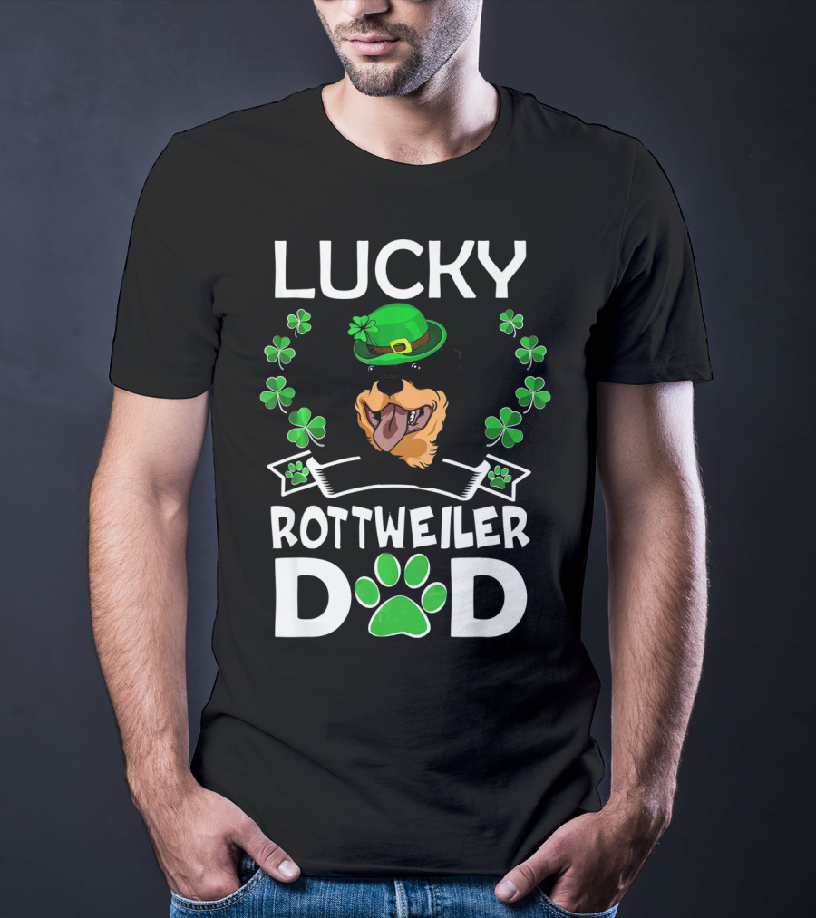 Lucky Rottweiler Dad St Patricks Day Shamrocks And Green Hat T-Shirt