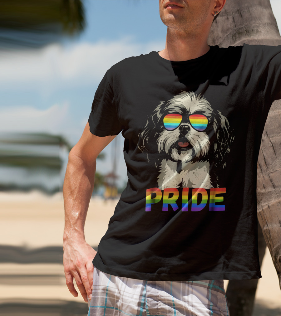 Pride Shih Tzu With Gay Pride Flag Sunglasses For Dog Lovers T-Shirt