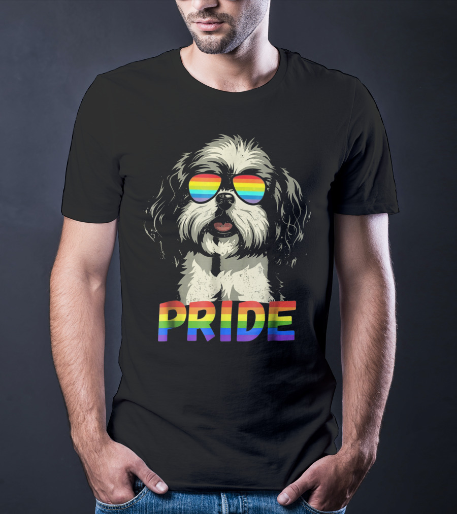 Pride Shih Tzu With Gay Pride Flag Sunglasses For Dog Lovers T-Shirt