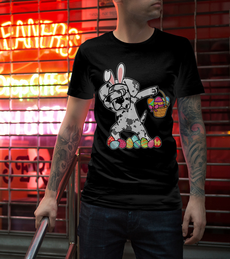 Great Dane Dabbing Easter Bunny With Egg Basket And Colorful Hunting Eggs T-Shirt