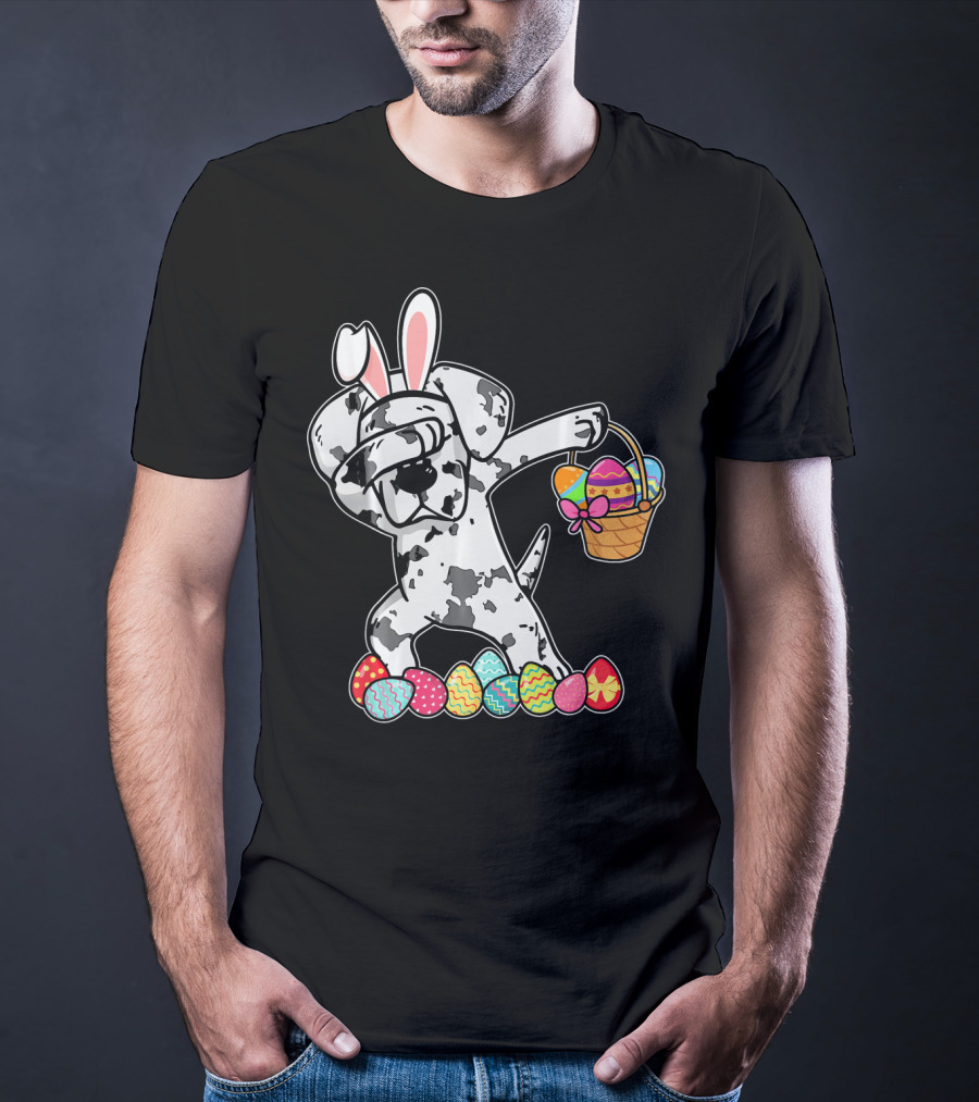 Great Dane Dabbing Easter Bunny With Egg Basket And Colorful Hunting Eggs T-Shirt