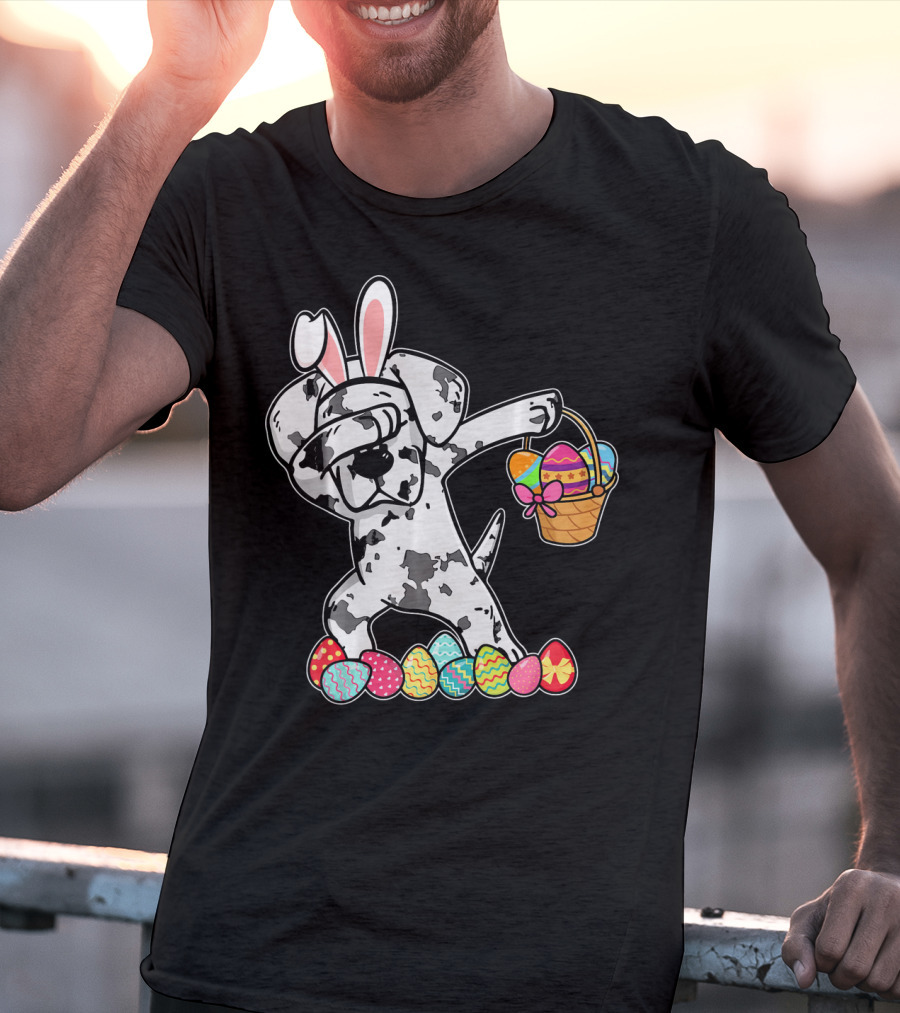 Great Dane Dabbing Easter Bunny With Egg Basket And Colorful Hunting Eggs T-Shirt