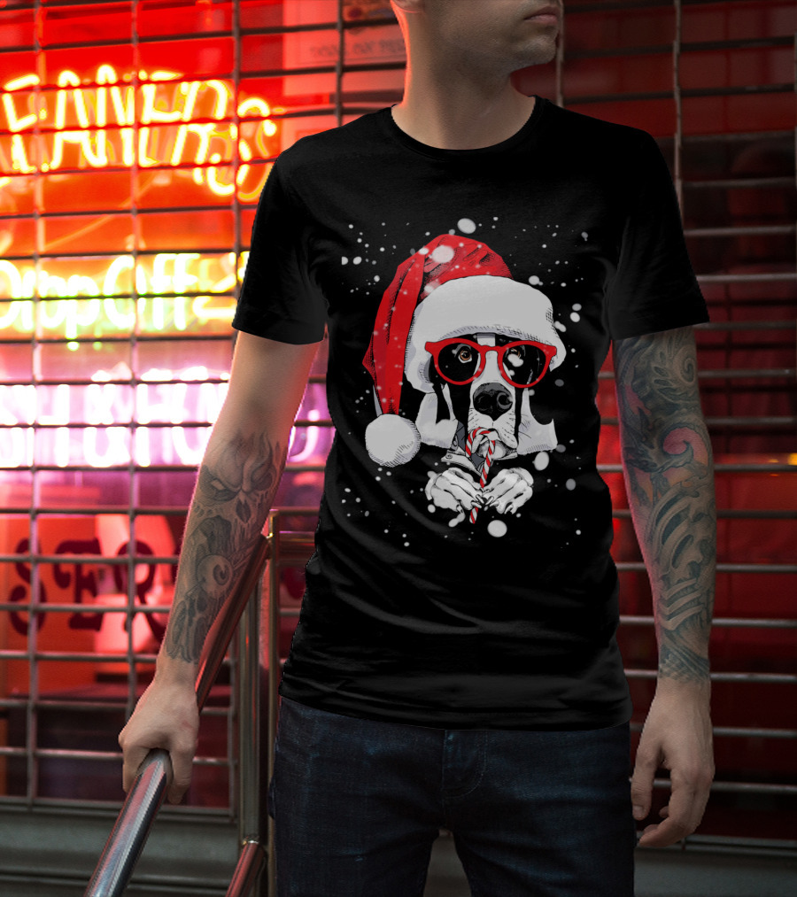 Great Dane Licking Candy Cane With Santa Xmas Hat And Red Glasses Snowflakes T-Shirt
