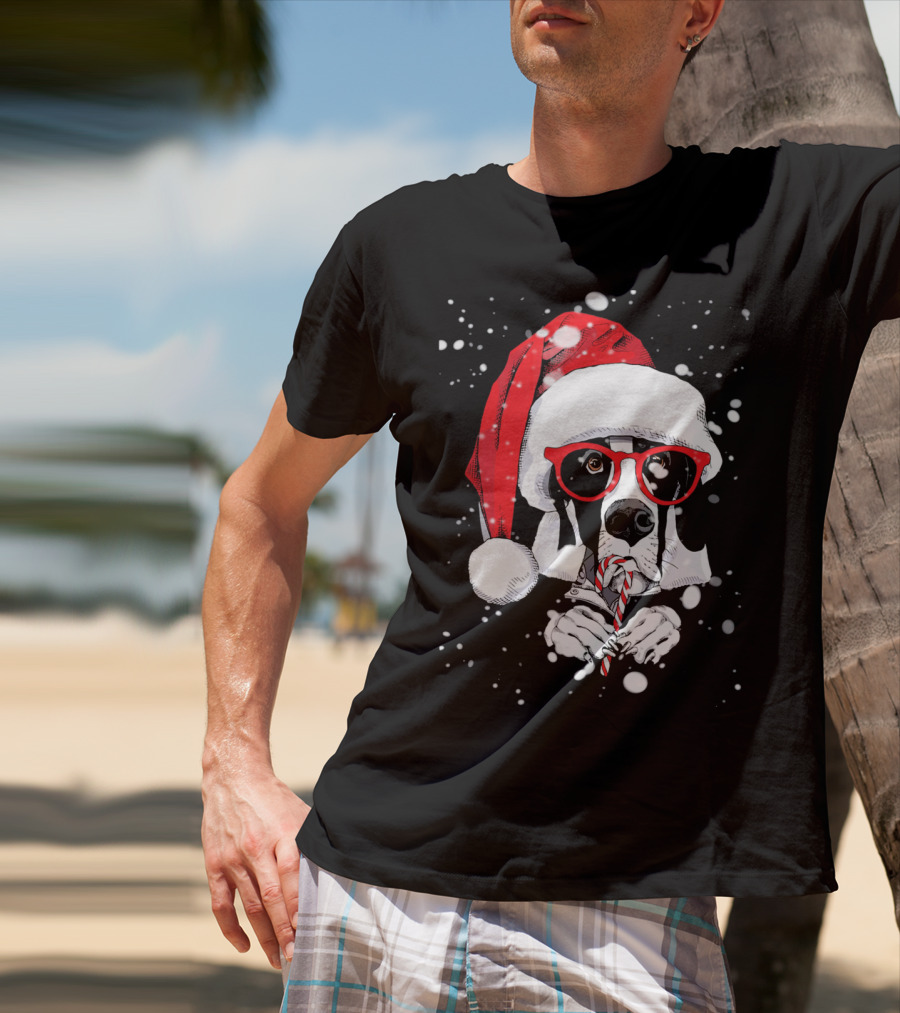 Great Dane Licking Candy Cane With Santa Xmas Hat And Red Glasses Snowflakes T-Shirt