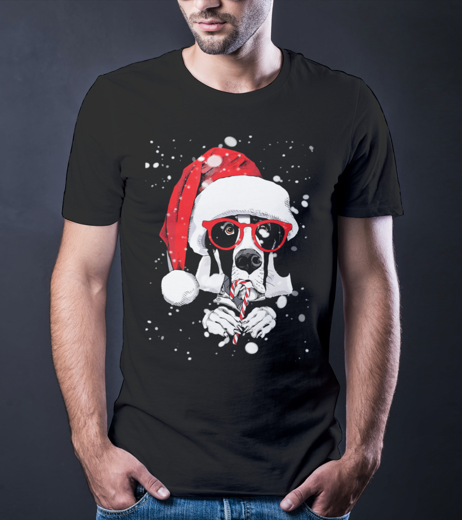 Great Dane Licking Candy Cane With Santa Xmas Hat And Red Glasses Snowflakes T-Shirt