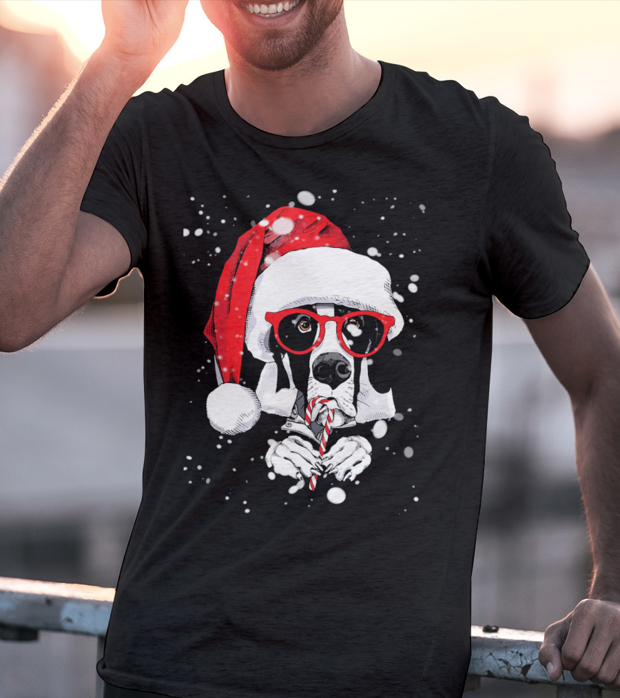 Great Dane Licking Candy Cane With Santa Xmas Hat And Red Glasses Snowflakes T-Shirt