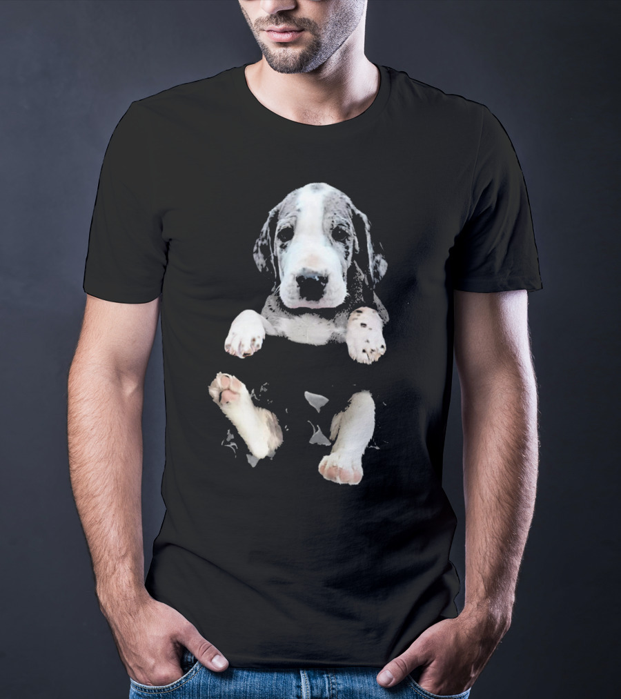 Great Dane Puppy Peeking Out Of Pocket T-Shirt