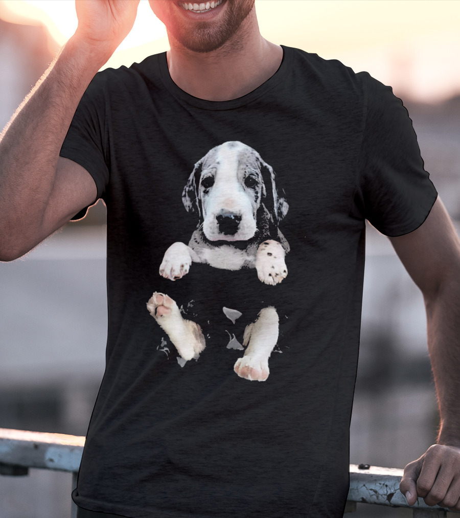 Great Dane Puppy Peeking Out Of Pocket T-Shirt