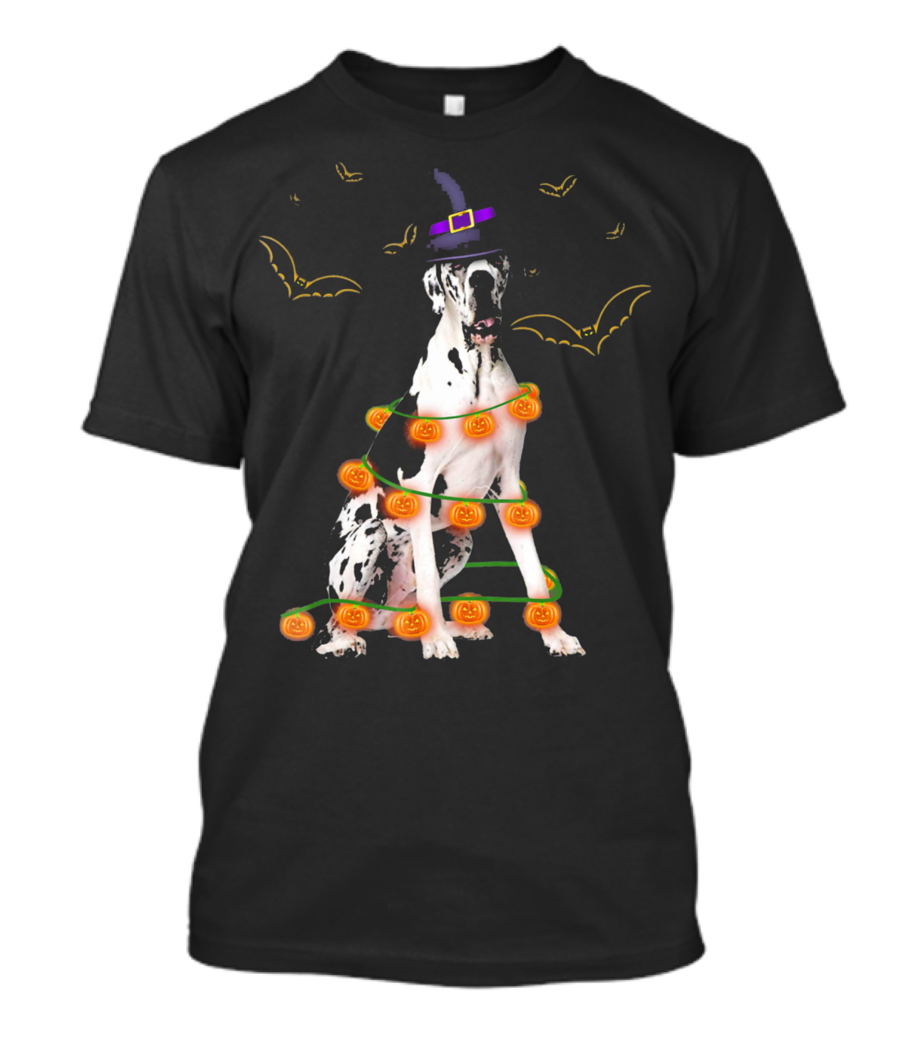 Great Dane Witch Hat Pumpkin Lights Bats Halloween Kids Funny T-Shirt