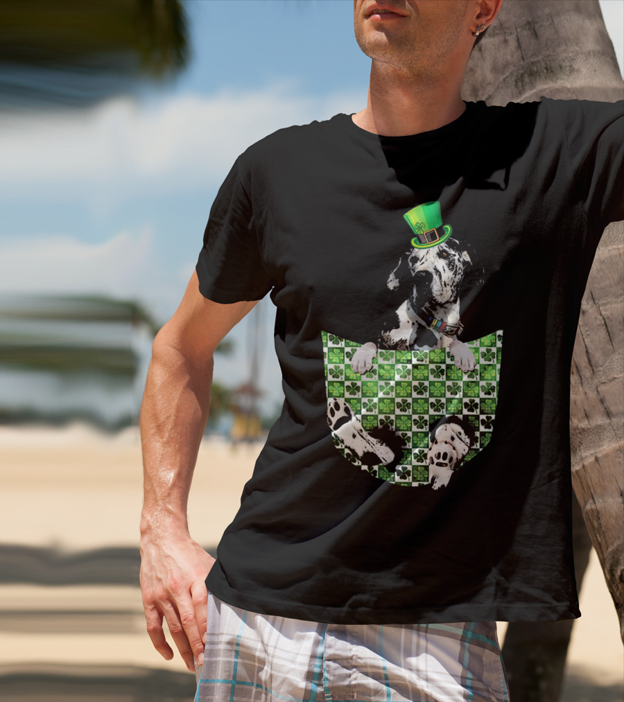Great Dane In Pocket With Green Shamrock Patrick Hat T-Shirt