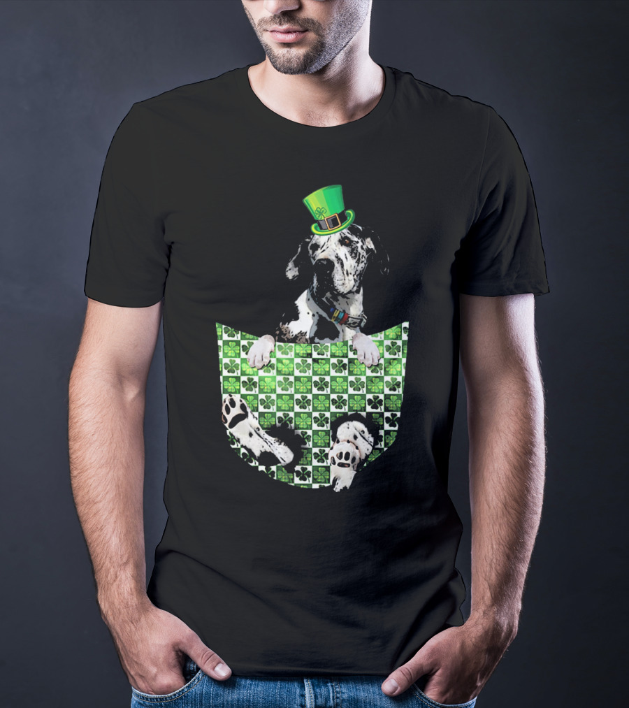 Great Dane In Pocket With Green Shamrock Patrick Hat T-Shirt
