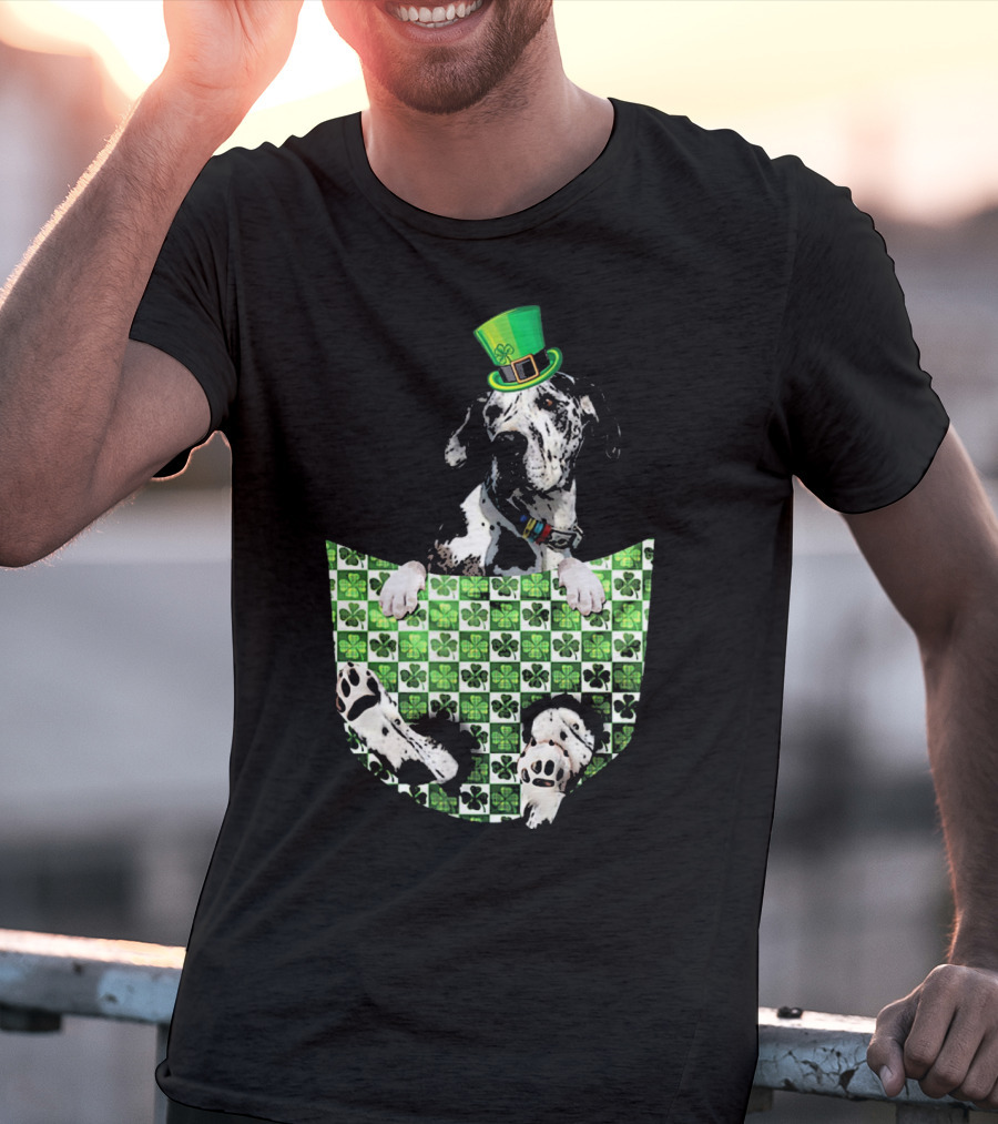 Great Dane In Pocket With Green Shamrock Patrick Hat T-Shirt