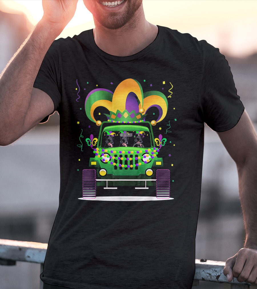 Great Dane Trio In Jeep With Mardi Gras Beads And Hat T-Shirt