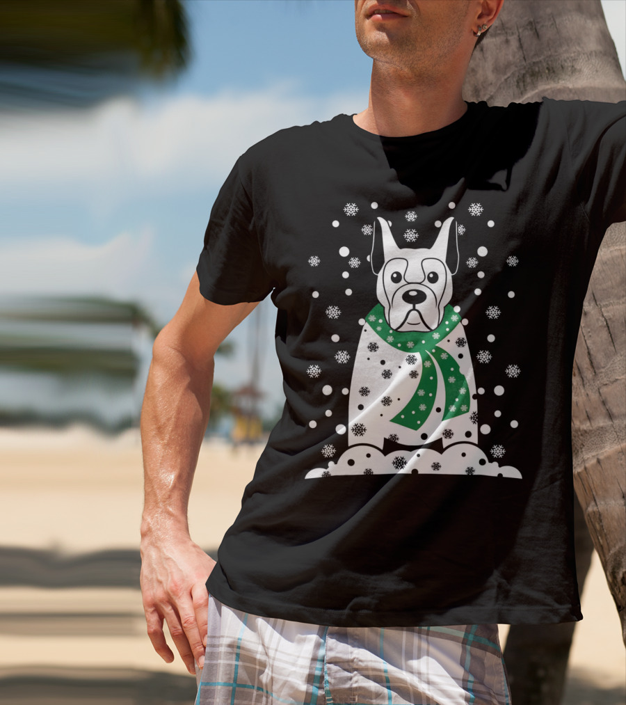 Great Dane Snowman With Green Scarf And Falling Snowflakes T-Shirt