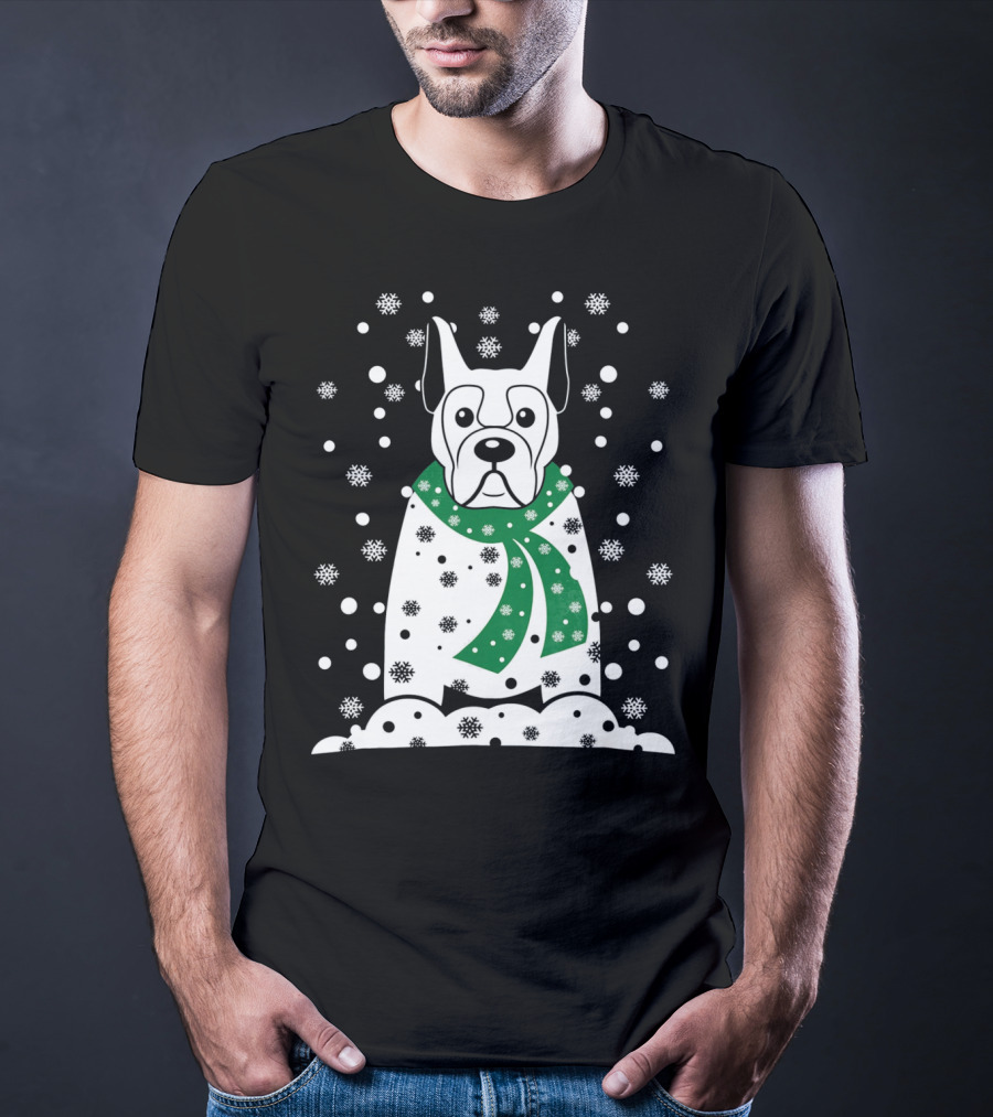 Great Dane Snowman With Green Scarf And Falling Snowflakes T-Shirt