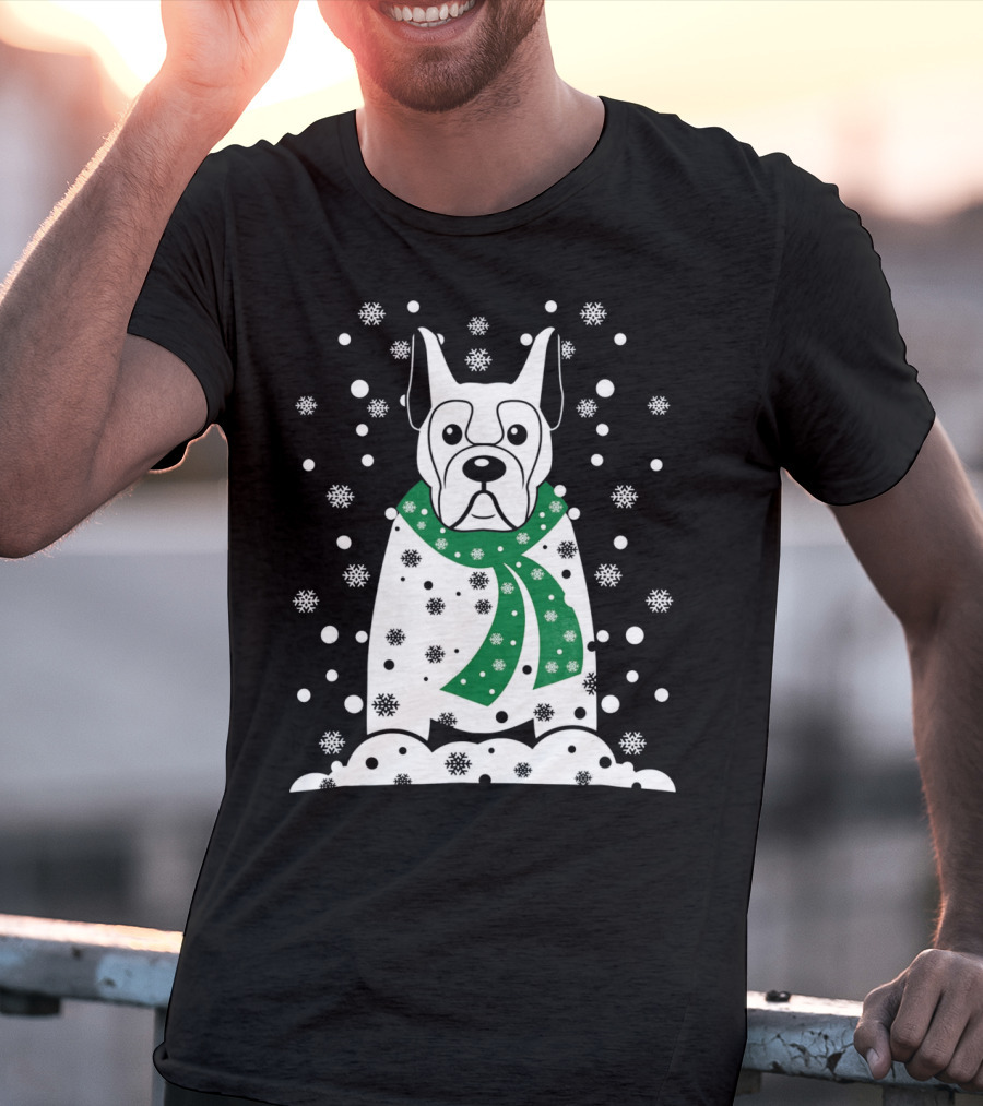 Great Dane Snowman With Green Scarf And Falling Snowflakes T-Shirt