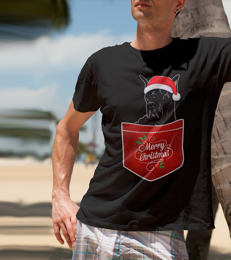 Great Dane In Santa Hat With Merry Christmas Pocket T-Shirt
