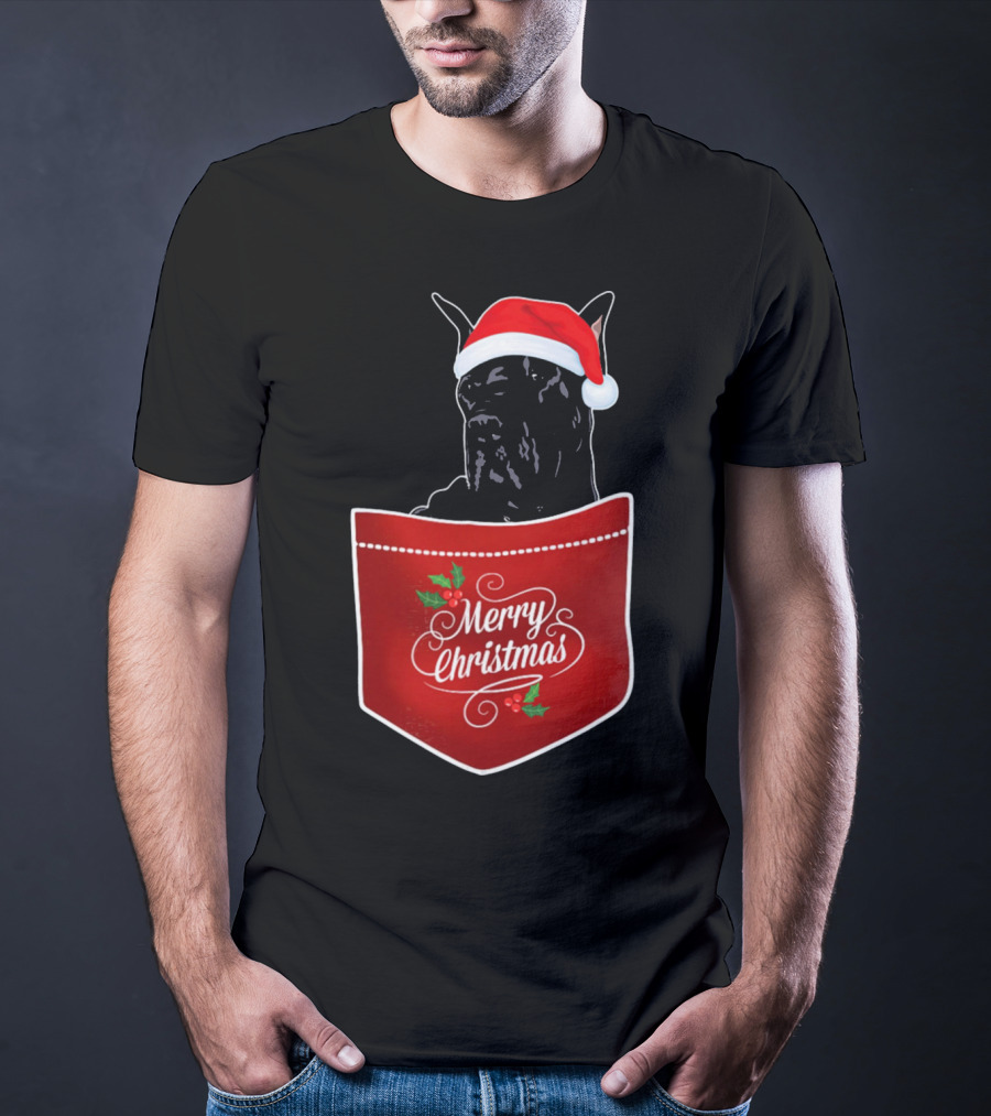 Great Dane In Santa Hat With Merry Christmas Pocket T-Shirt