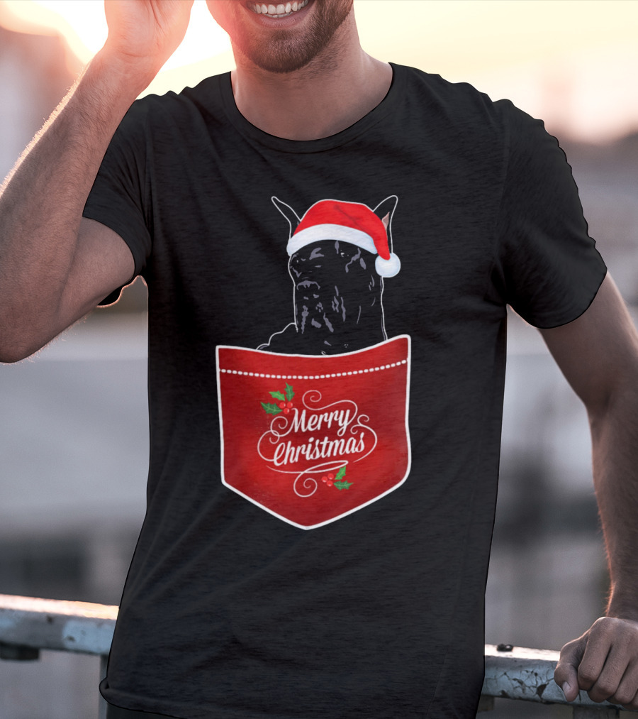 Great Dane In Santa Hat With Merry Christmas Pocket T-Shirt