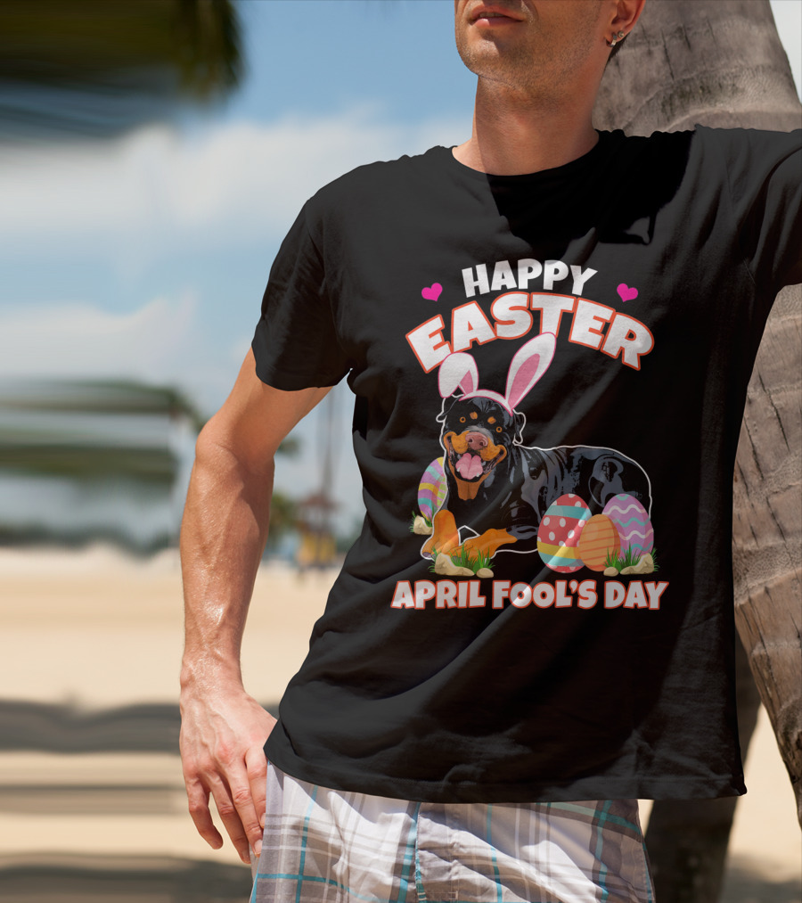 Happy Easter April Fool's Day Funny Rottweiler With Bunny Ears And Colorful Eggs T-Shirt