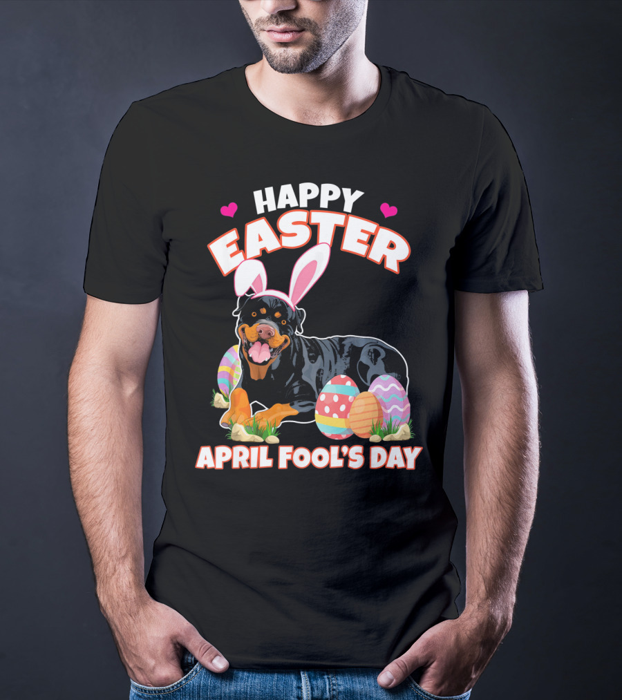 Happy Easter April Fool's Day Funny Rottweiler With Bunny Ears And Colorful Eggs T-Shirt