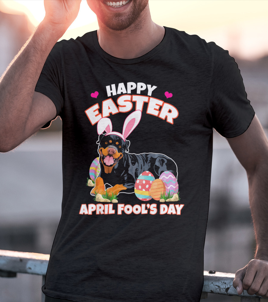 Happy Easter April Fool's Day Funny Rottweiler With Bunny Ears And Colorful Eggs T-Shirt