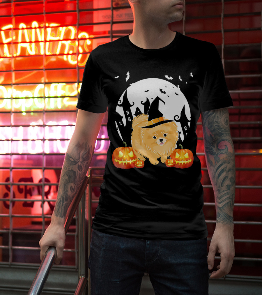 Happy Halloween Little Witch Pomeranian Dog With Pumpkins And Haunted House T-Shirt