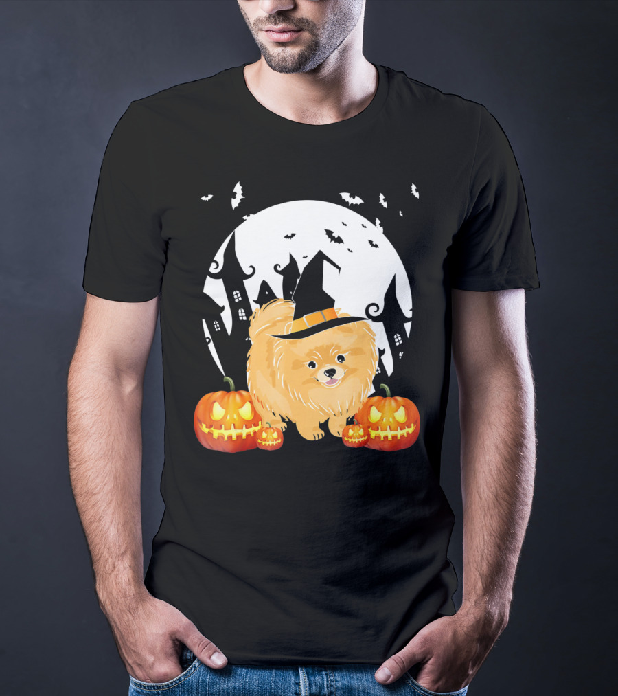 Happy Halloween Little Witch Pomeranian Dog With Pumpkins And Haunted House T-Shirt